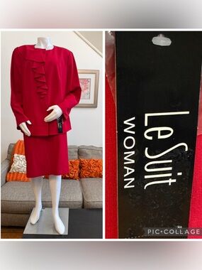 ❣️🆕Le Suit Cherry Red Cascade Ruffle Skirt Suit Set Plus Size $265 MSRP❣️